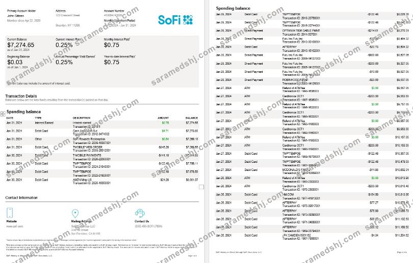 USA Sofi bank statement, 4 pages